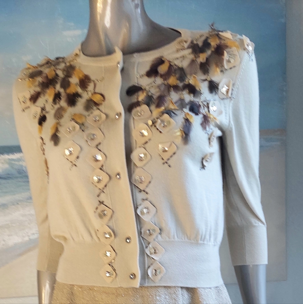 $2,190 OSCAR DE LA RENTA CASHM SILK BEAD FEATHER ESTABL RUNWAY KNIT CARDIGAN S